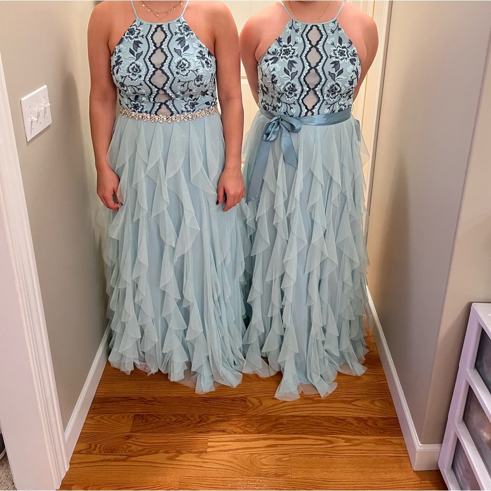 Blue-green floral ruffled prom dress or evening gowns size 12 and 14